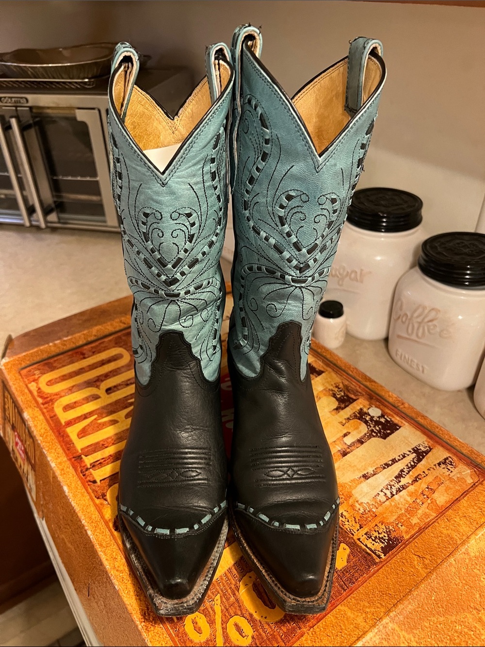 Tony Lama Black Foot Teal Embroidered Shaft Cowboy Boots